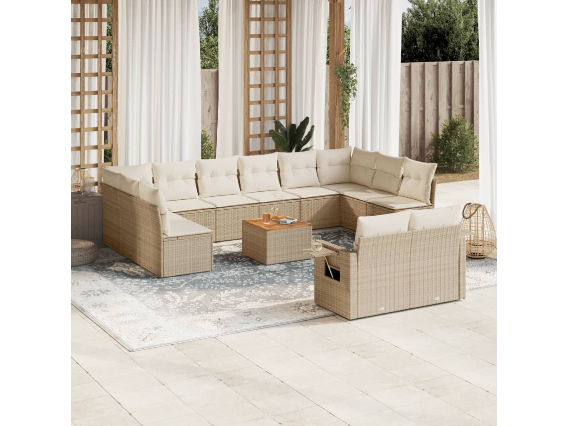 Vidaxl 13 Pcs Conjunto De Sofás P/ Jardim Com Almofadões Vime Pe Bege