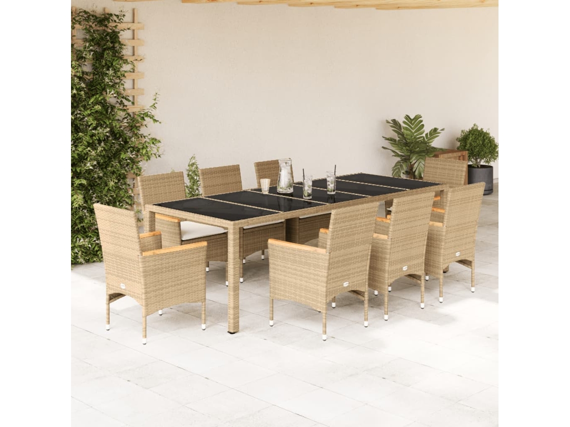 Vidaxl 9 Pcs Conjunto Jantar Jardim Com Almofadões Vime Pe/vidro Bege