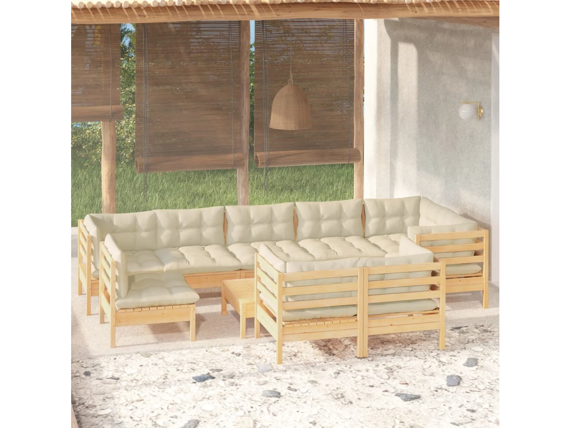 Vidaxl 10 Pcs Conjunto Lounge Jardim C/ Almofadões Creme Pinho Maciço
