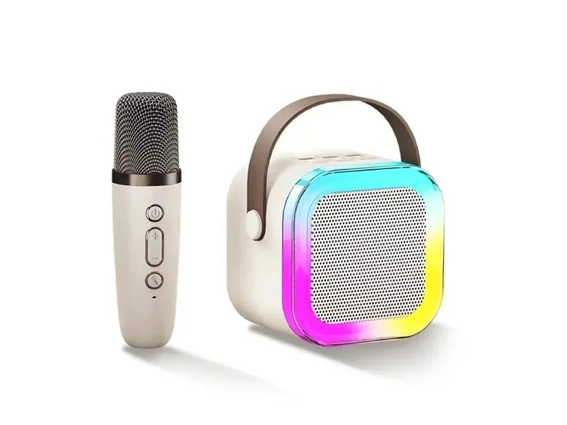 Máquina de Karaoke Infantil Bluetooth K12 Portátil com Microfones Sem Fios Bege
