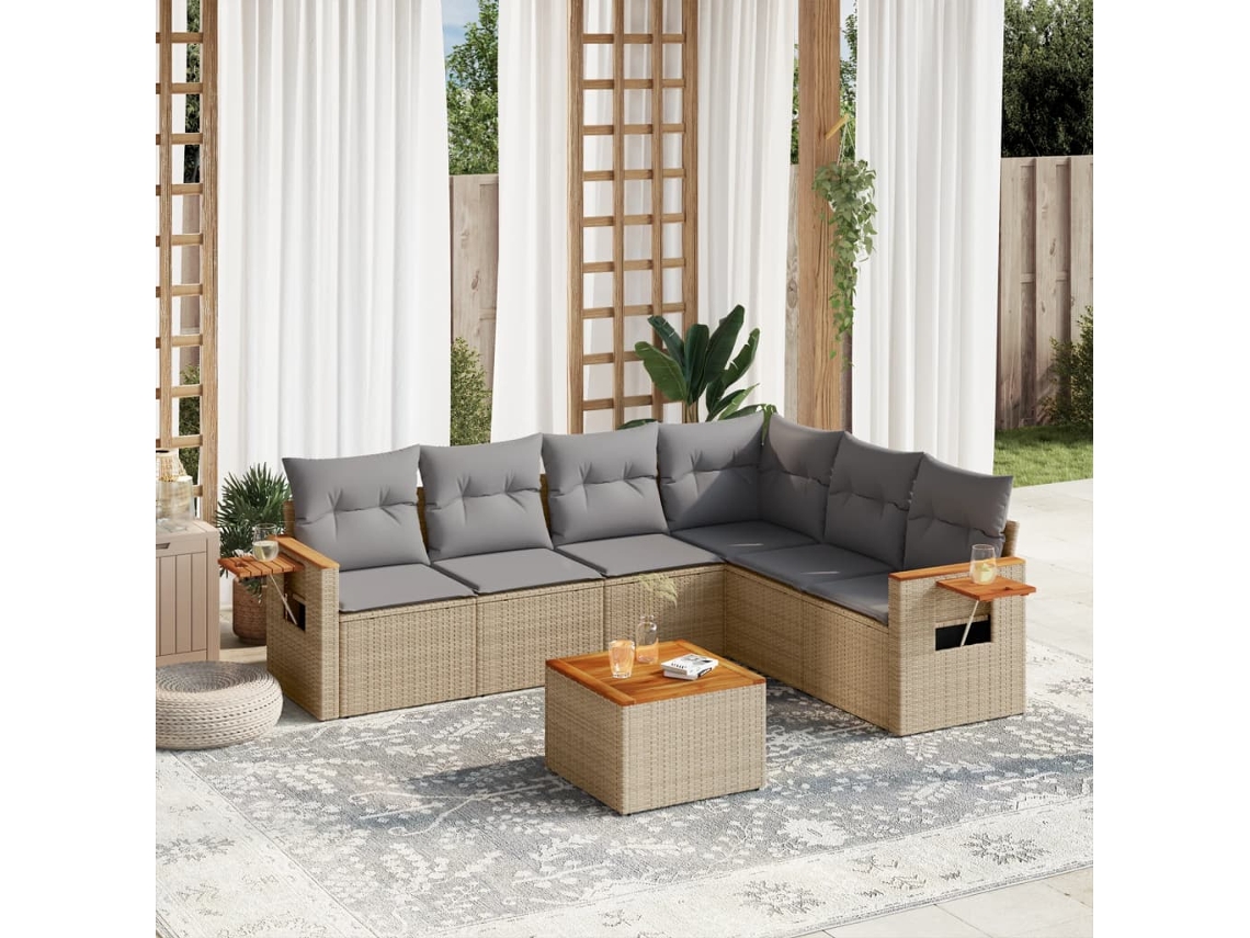 7 Pcs Conjunto De Sofás P/ Jardim Com Almofadões Vime Pe Bege Dkd Home Decor