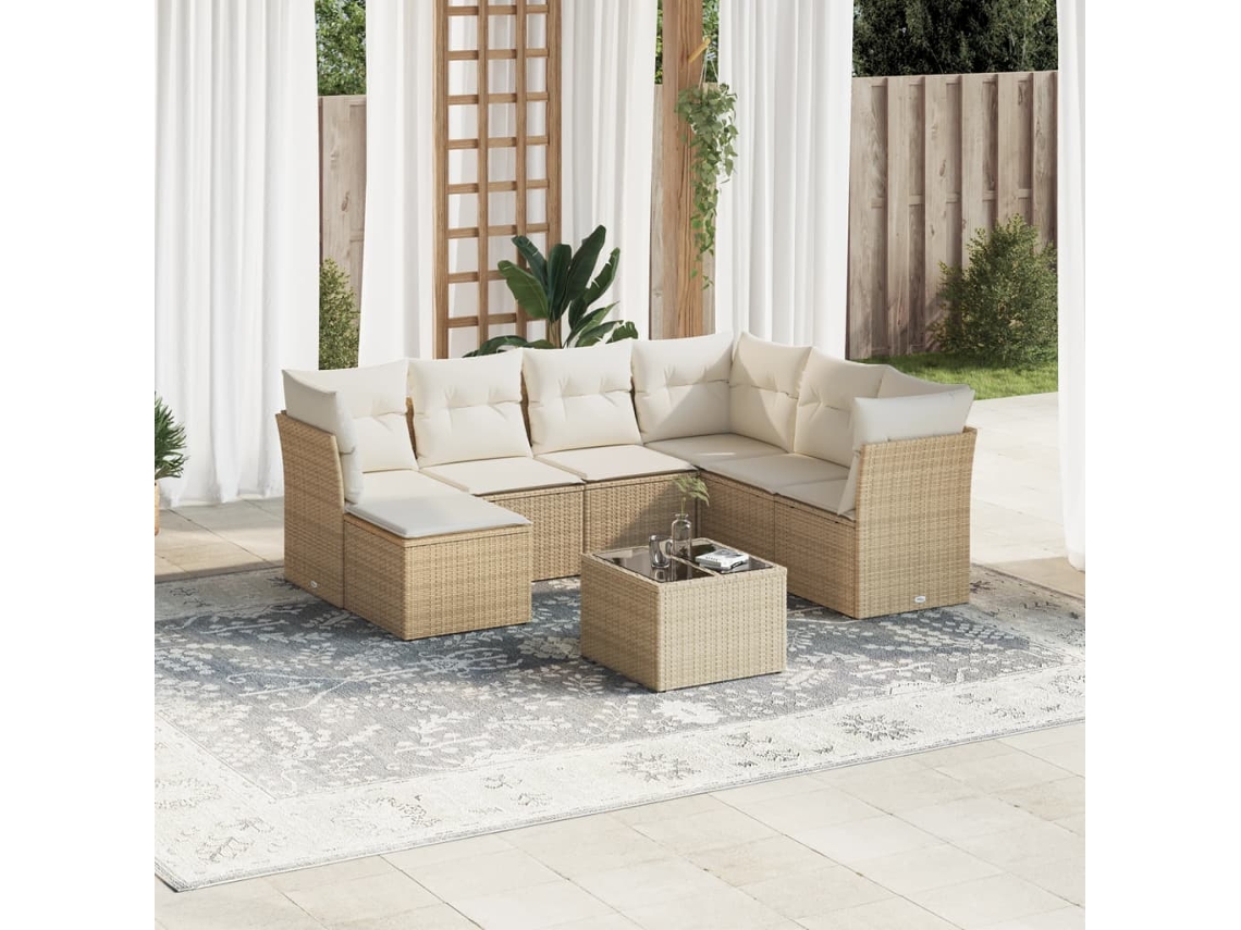 Vidaxl 8 Pcs Conjunto De Sofás P/ Jardim Com Almofadões Vime Pe Bege