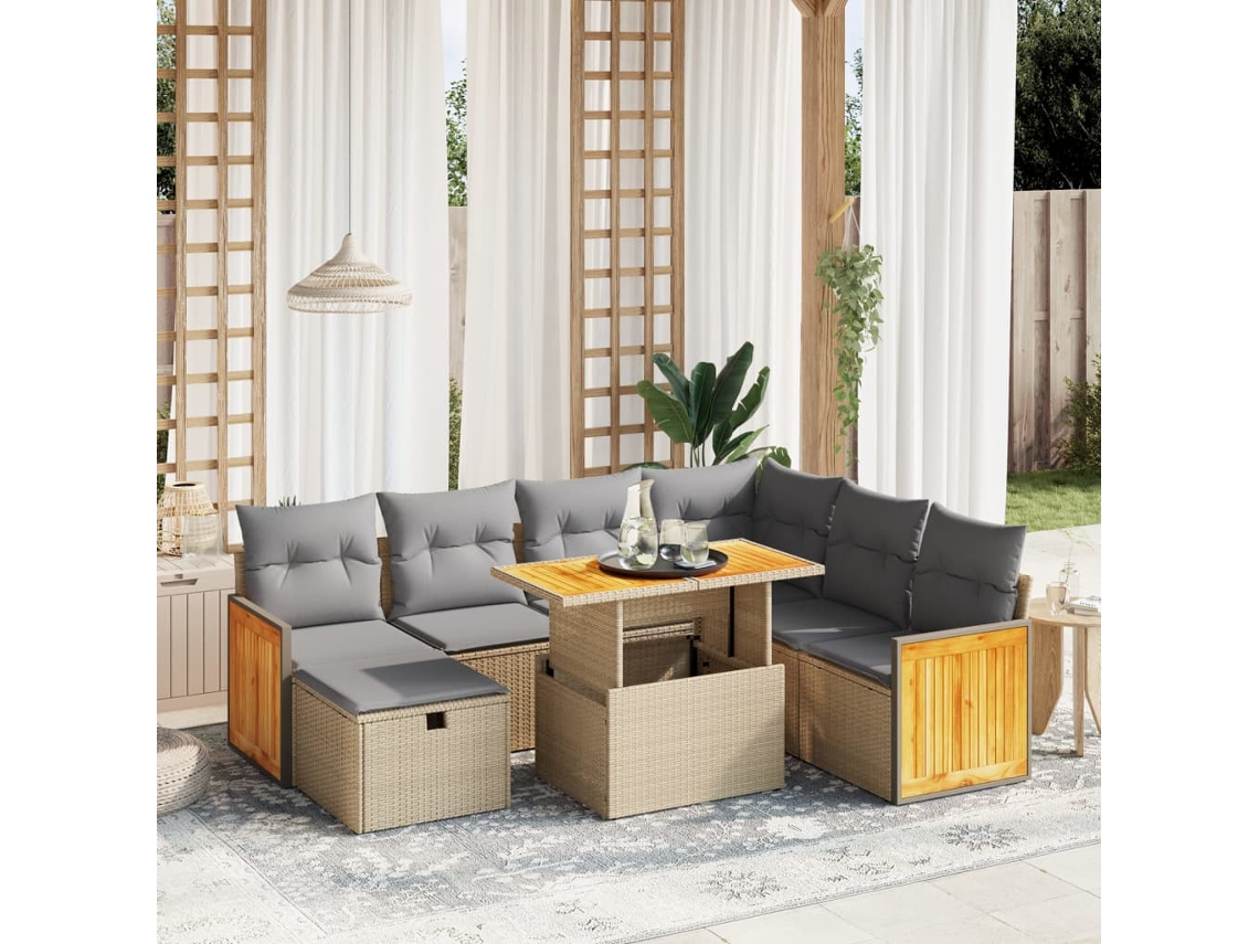 Vidaxl 8 Pcs Conjunto De Sofás P/ Jardim Com Almofadões Vime Pe Bege
