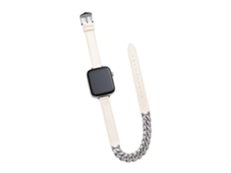 Bracelete Para Apple Watch 46/49/45/44mm - Couro Genuíno Cravejado Com Diamantes Branco Cremoso