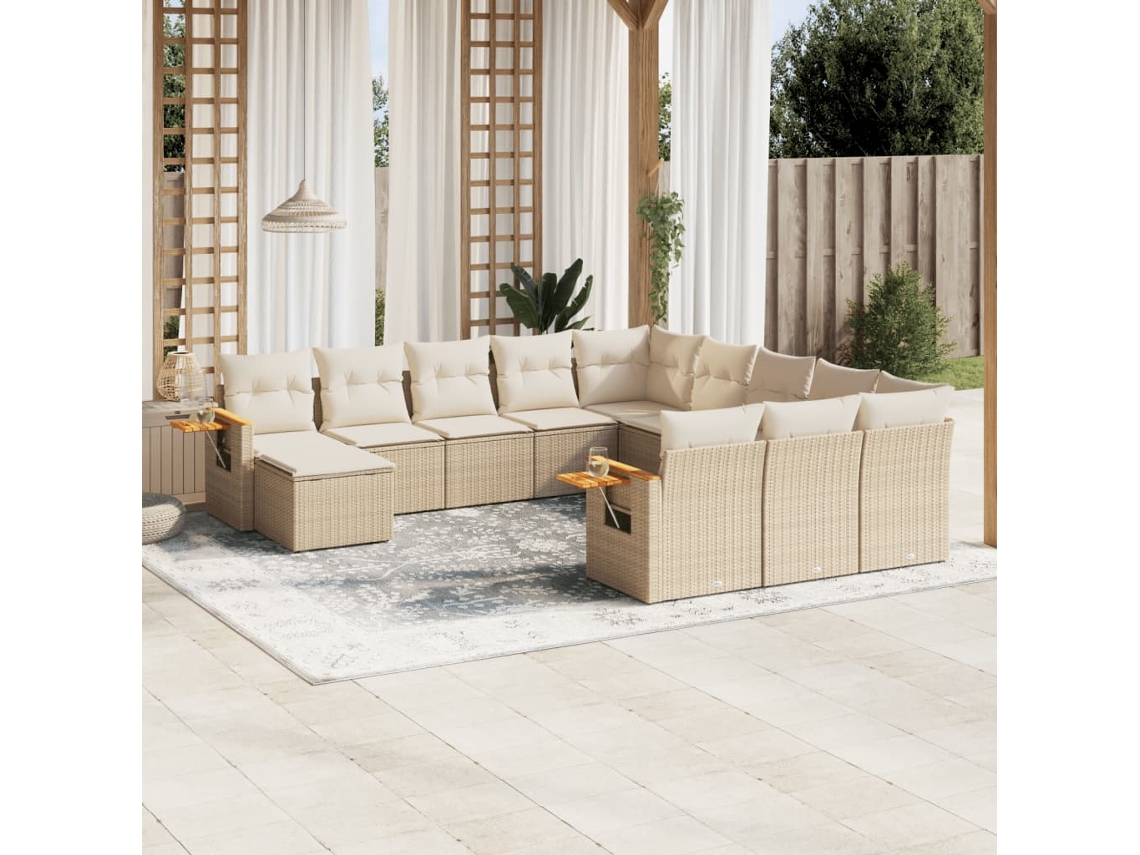 Vidaxl 11 Pcs Conjunto Sofás De Jardim C/ Almofadões Vime Pe Bege