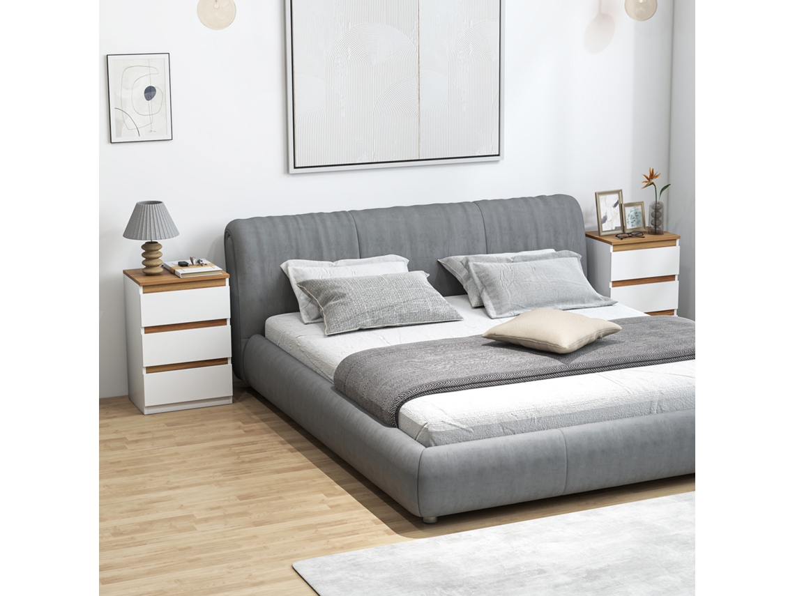 Conjunto De 2 Mesas Cabeceira Com 3 Gavetas Tábuas Para Dormitório Estreitas 40x30x59.5 Cm Branco