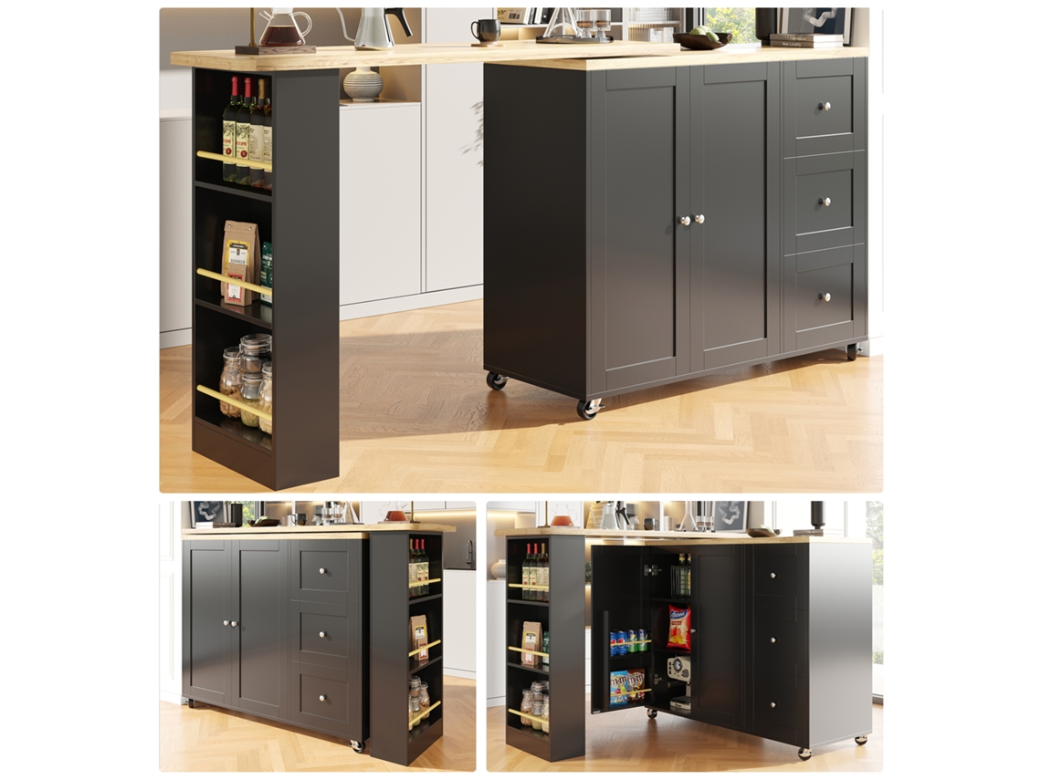 Mesa Bar Giratória 360° Preta 135-203x39x106cm, Rodas, 3 Gavetas, Suporte Lanches.-lb