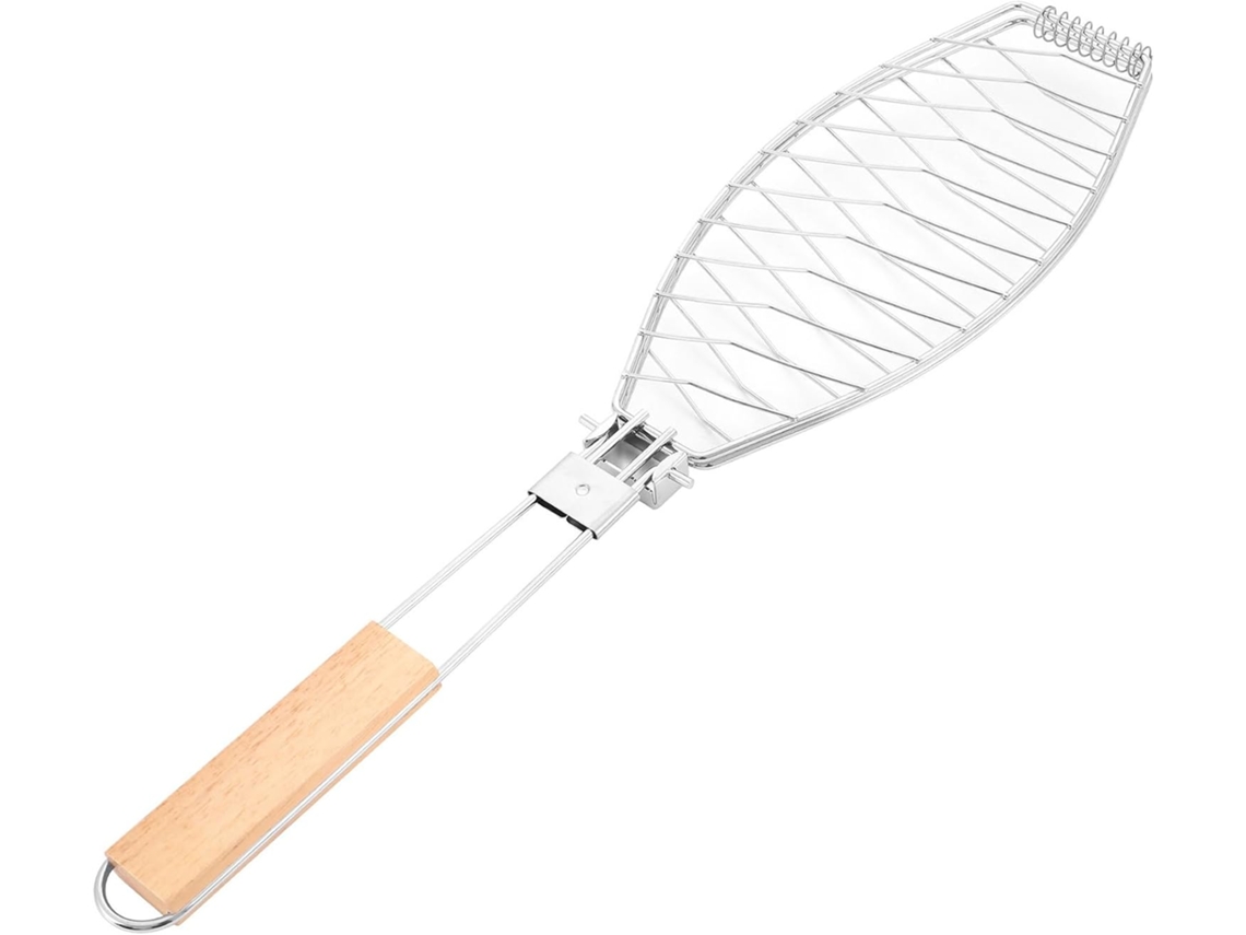 Pinça Dobrável De Aço Para Churrasco, Cabo De Madeira Antiderrapante, Mecanismo De Travamento Seguro, Cesto Para Grelhar