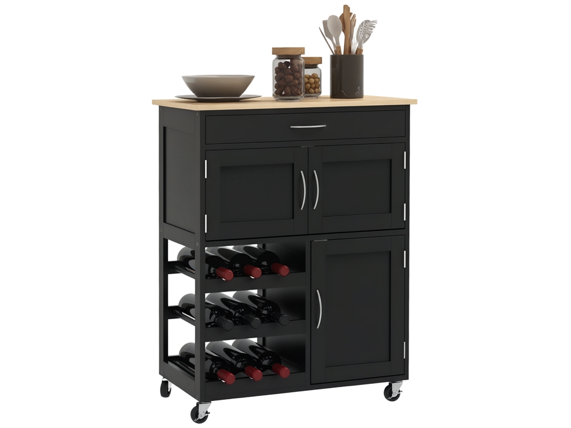 Carrinho de cozinha de madeira com suporte para garrafas 3 portas e gaveta preto 67x37x87 cm