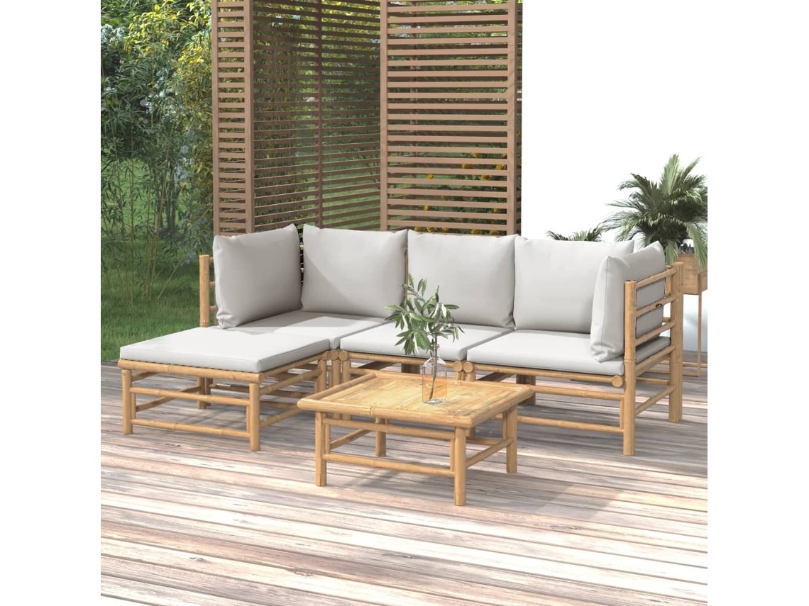 Pcs Conj. Lounge De Jardim Bambu C/ Almofadões Cinzento Claro Dkd Home Decor