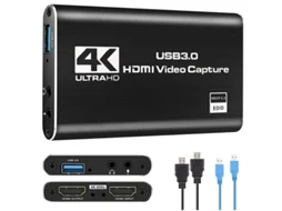 Placa De Captura De Transmissão Usb 3.0 4k 60hz Portas De Áudio E Microfone, Com Cabos Usb 3.0/hdmi Preto Yizhood