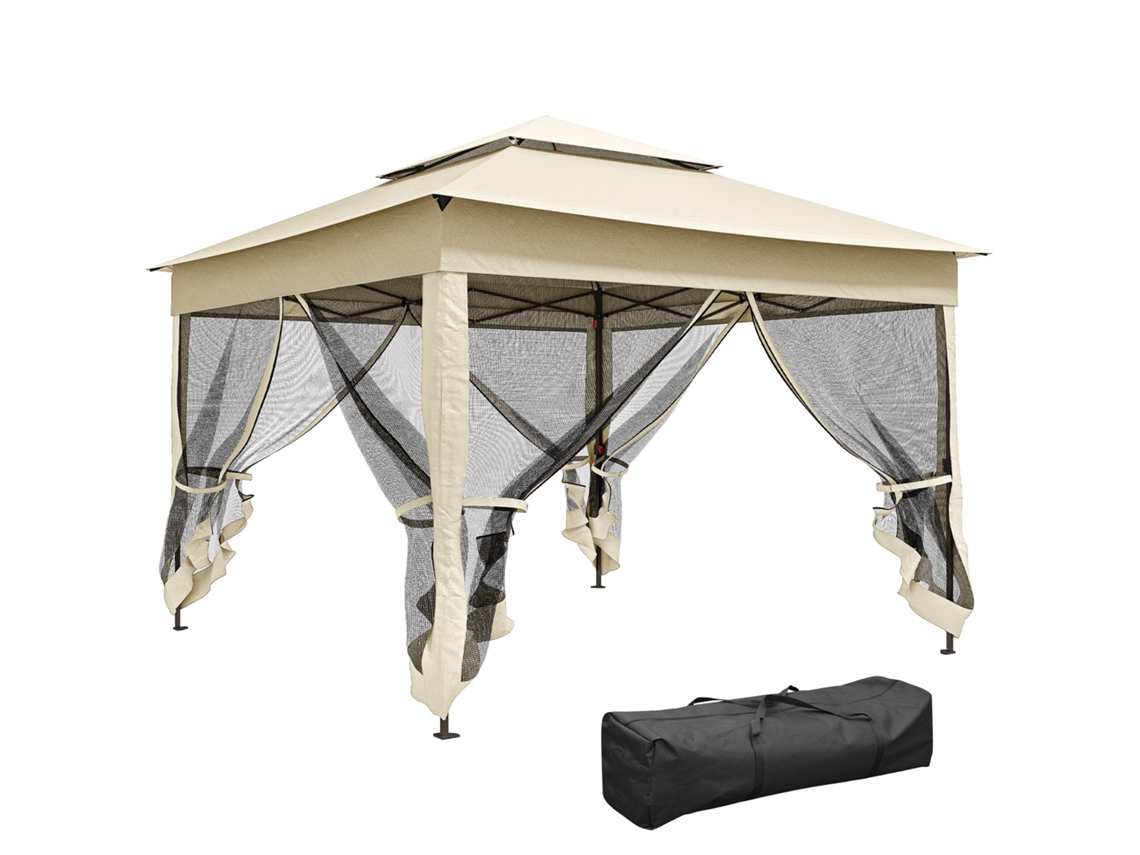 Gazebo De Jardim Pop-up 3x3m Em Poliéster Impermeável Anti-uv, Com Mosquiteiro, Saco, Creme