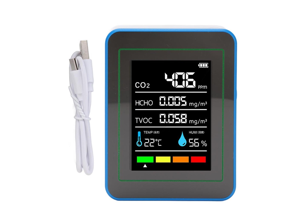 Detector de Qualidade do Ar 5 em 1 com CO2, TVOC, HCHO, temperatura e umidade, portátil, recarregável, branco e azul | S/MARCA