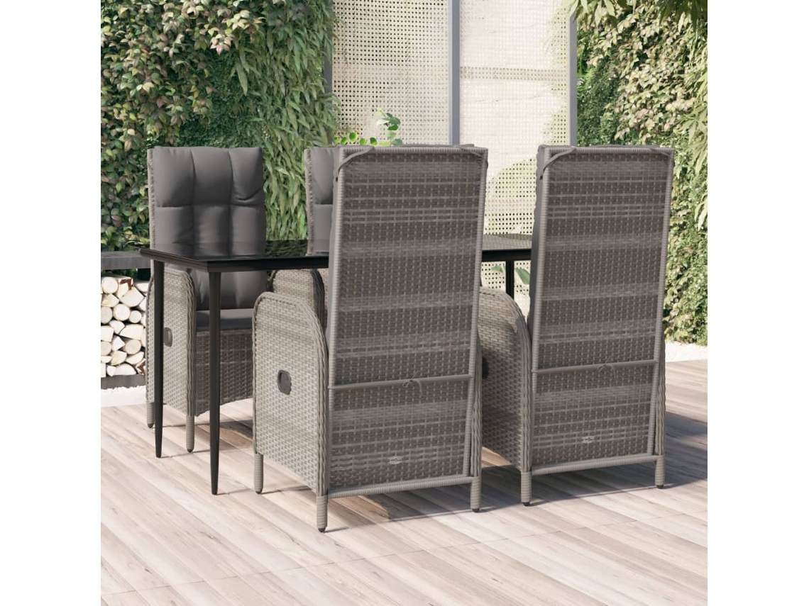 Vidaxl 5 Pcs Conjunto Jantar Jardim C/ Almofadões Vime Pe Preto/cinza