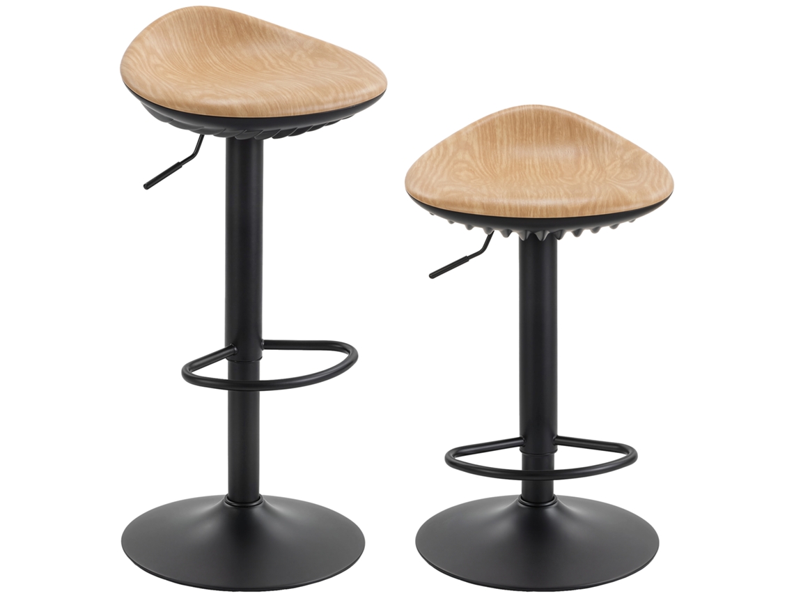 Conjunto de 2 Banquetas de Bar com altura ajustável, rotação 360°, apoio para os pés, base em aço, acabamento em madeira Carvalho
