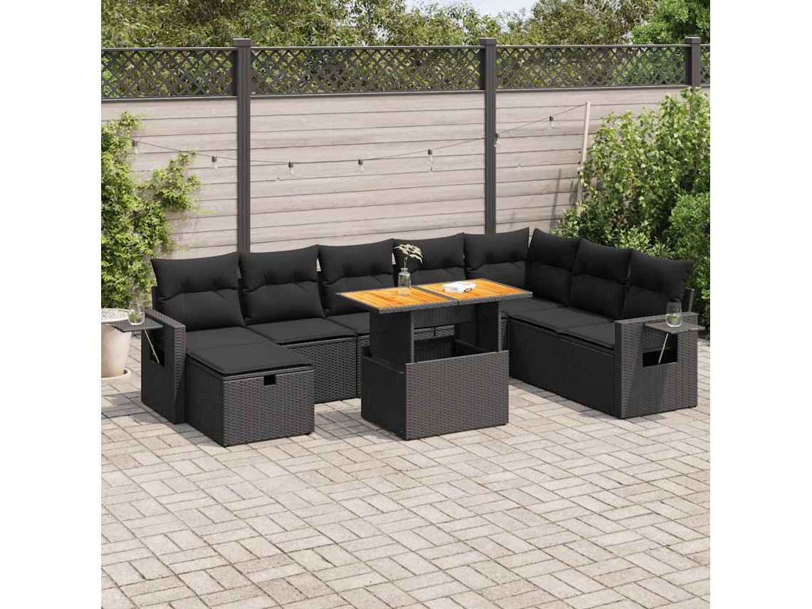 Vidaxl 9 Pcs Conjunto Sofás P/ Jardim Almofadões Vime Pe/acácia Preto