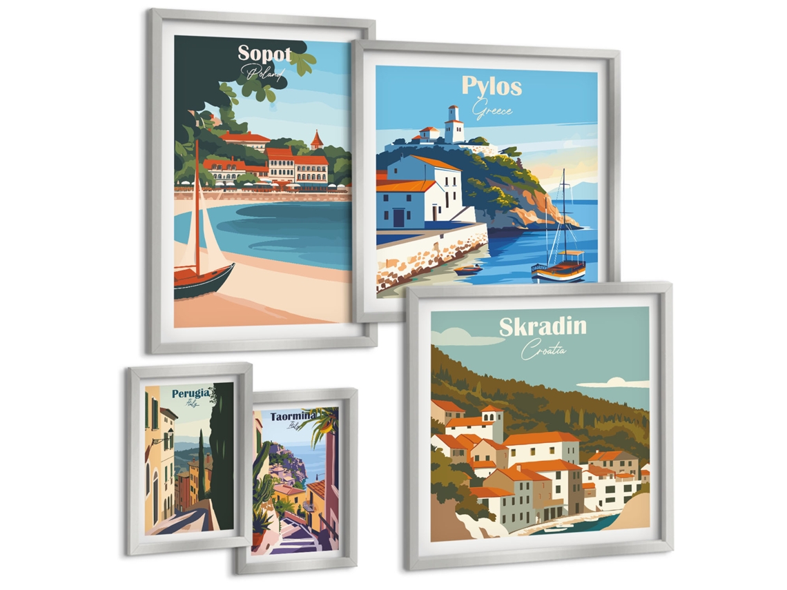Conjunto De Pinturas Paisagens De Cidades Litorâneas Espelharte (5 Peças)