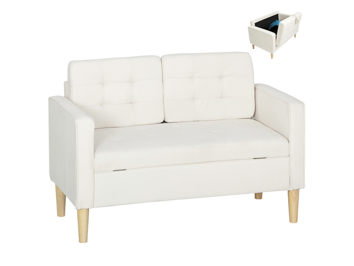 Sofá Para 2 Pessoas, Encosto Botonado, 117x62x78 Cm, Creme Sofisticada, Com Guarda E Pés De Madeira