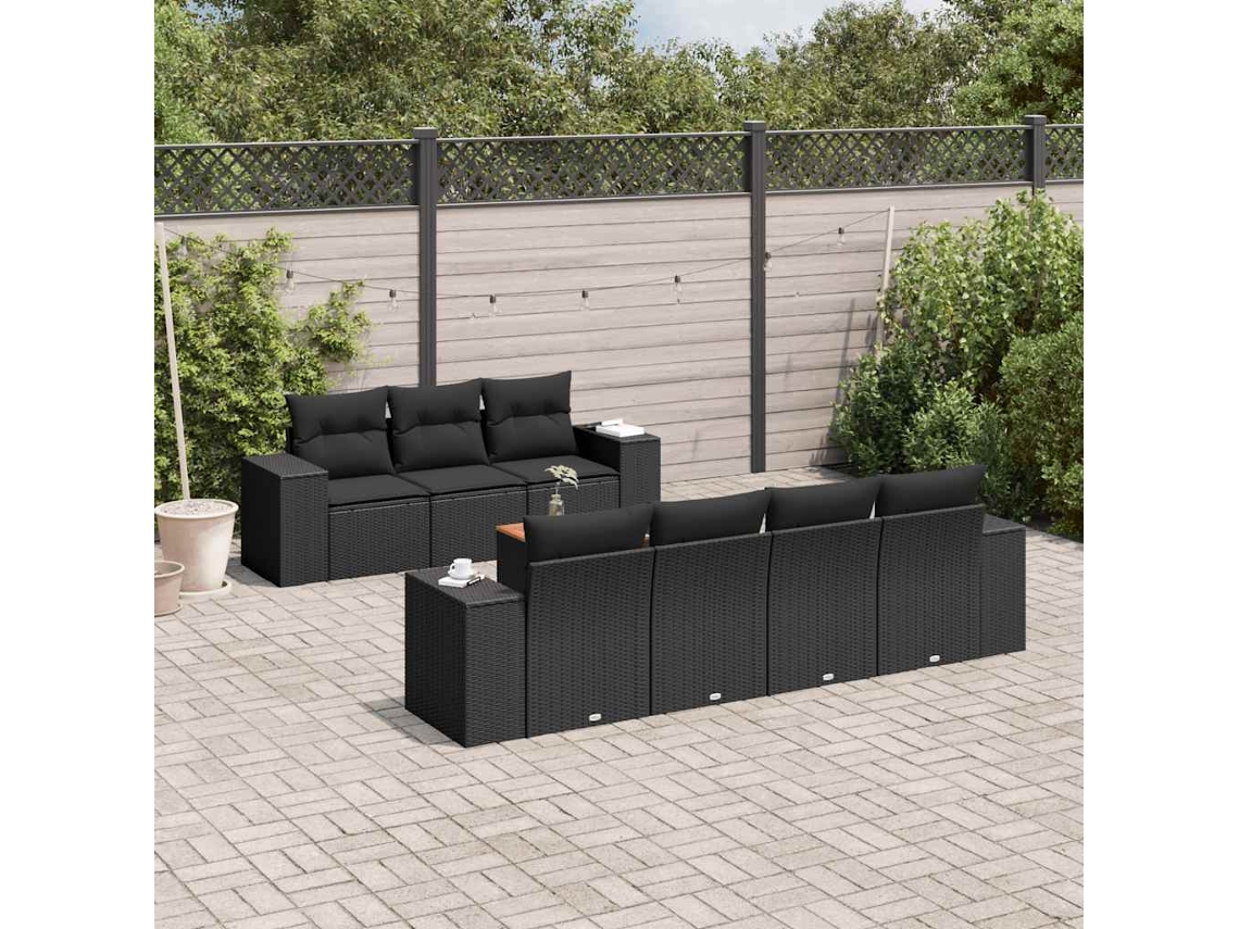 Vidaxl 8 Pcs Conjunto Sofás De Jardim Com Almofadões Vime Pe Preto