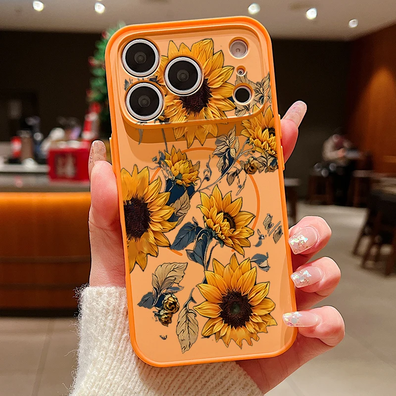 Capa Magnética Para Iphone 14 Pro Max Com Estampa Floral Realista (laranja), Resistente A Impactos.