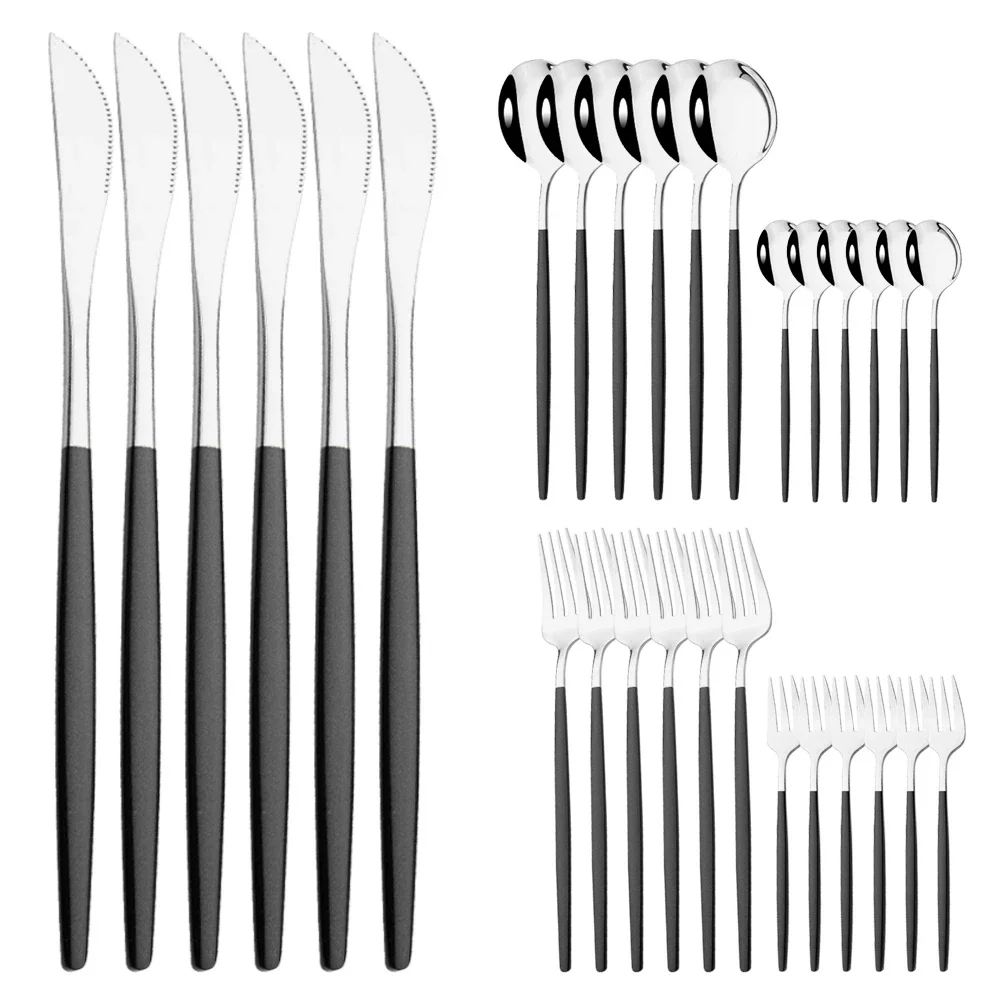 Talheres de Aço Inoxidável, Incluindo Faca, Garfo para Frutas, Colher, Etc. MDUG (preto e Prata, Conjunto de 30 Peças)