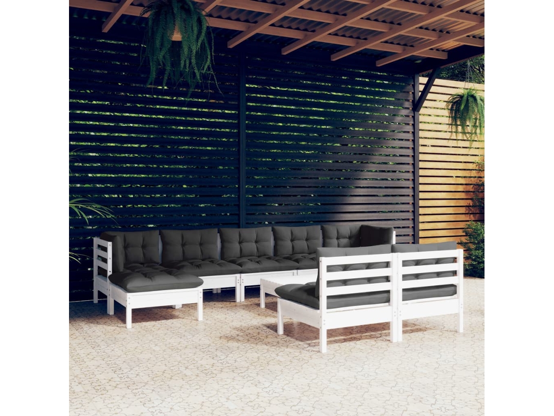 10 Pcs Conjunto Lounge De Jardim C/ Almofadões Pinho Branco Dkd Home Decor
