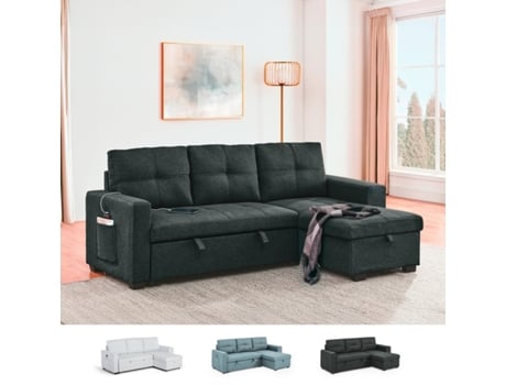 Sofá-cama de 3 lugares com chaise longue, armazenamento USB C, estante de sofá estilo cívico
