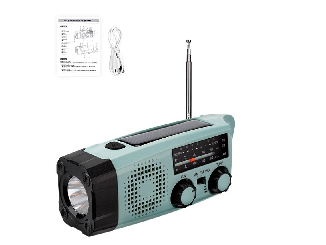 Rádio Portátil De Emergência Fm/am Com Carregamento Solar, Gerador De Manivela, Lanterna Led, Bateria Externa De 2000mah E Alarme Sos.