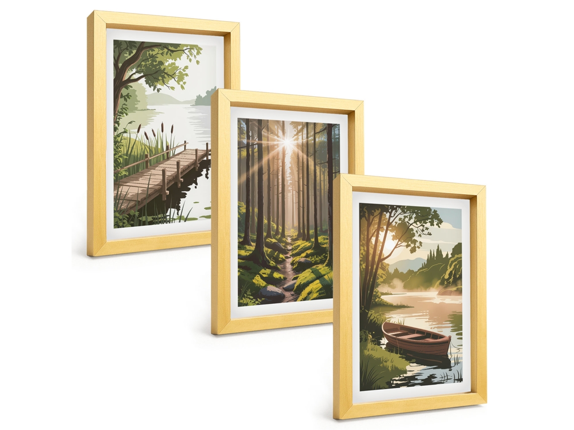 Composição De Quadros Na Paredepaisagem, Floresta, Lago, Barco Moldura Dourada Quadros Para A Sala De Estar Espelharte (3 Peças 20x30 Cm)