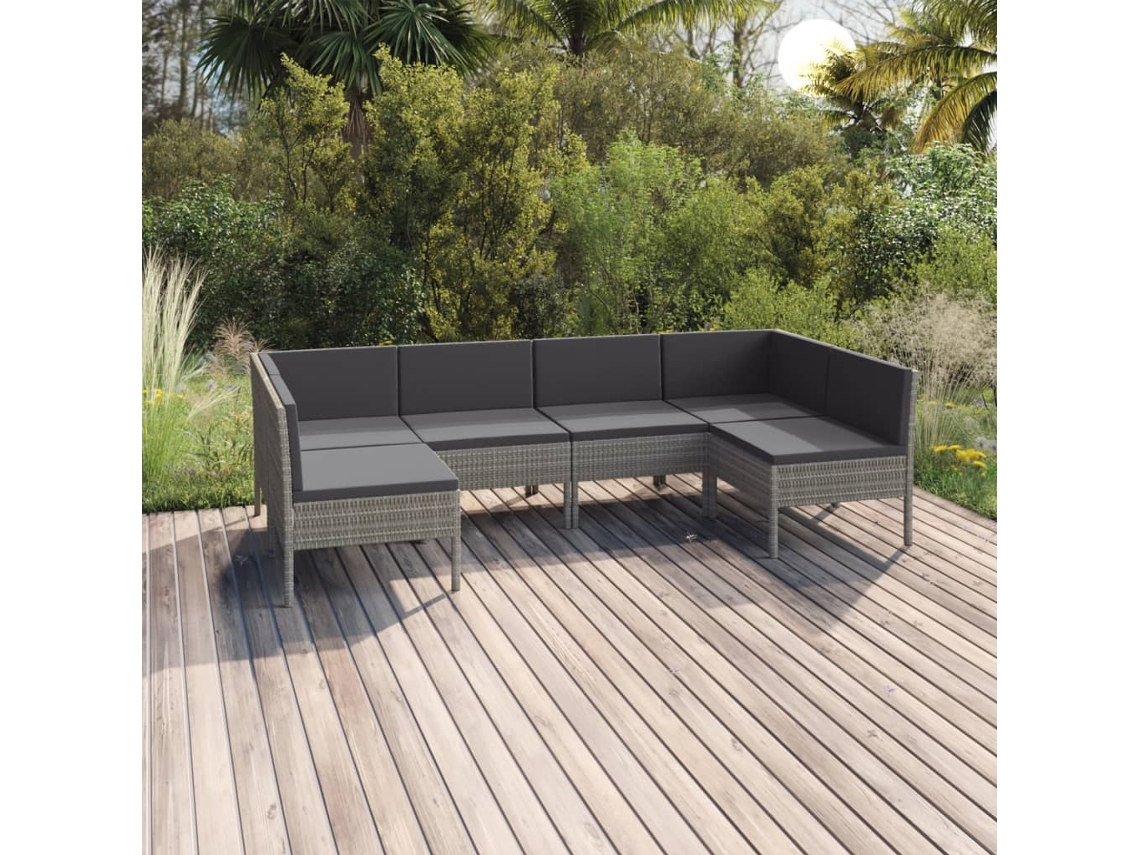 Vidaxl 6 Pcs Conjunto Lounge De Jardim C/ Almofadões Vime Pe Cinzento