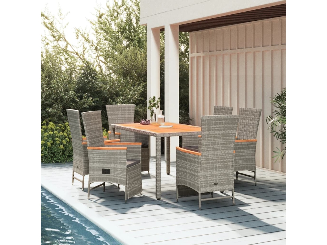 Vidaxl 7 Pcs Conjunto De Jantar P/ Jardim C/ Almofadões Vime Pe Cinza