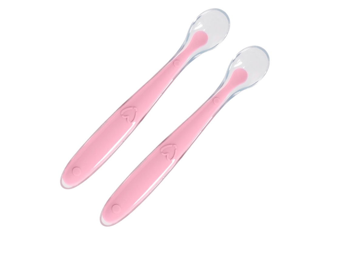 Duas Colheres de Silicone Macio para Bebês e uma Caixa Transparente de Pp Auxiliares para o Treinamento da Alimentação. MDUG (rosa)