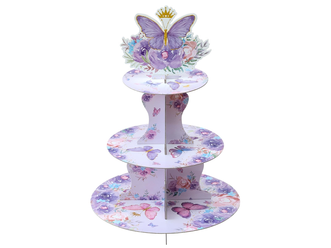 Suporte Para Cupcakes De 3 Andares Em Formato Borboleta, Papelão Com Tema Floral Cupcakes, Sobremesa Borboleta Roxa Chá Bebê.