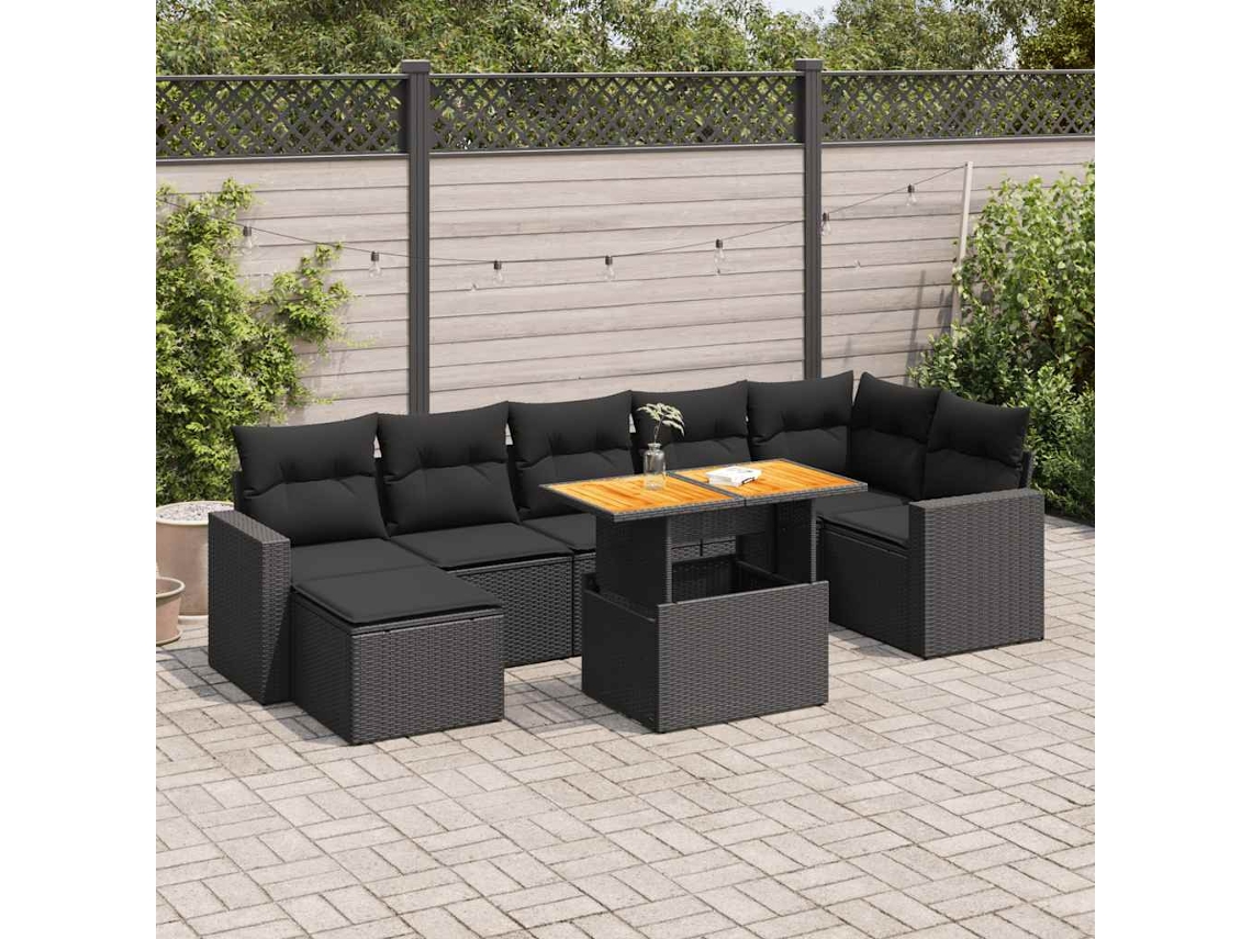 Vidaxl 8 Pcs Conjunto Sofás De Jardim Com Almofadões Vime Pe Preto