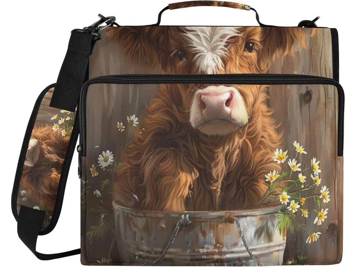 Pasta organizadora para laptop com estampa de vaca macia, zíper resistente à água e 3 argolas.