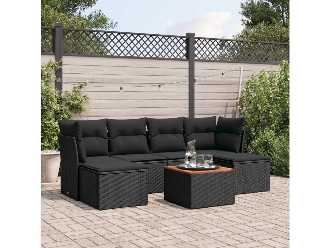 Vidaxl 7 Pcs Conjunto De Sofás P/ Jardim C/ Almofadões Vime Pe Preto