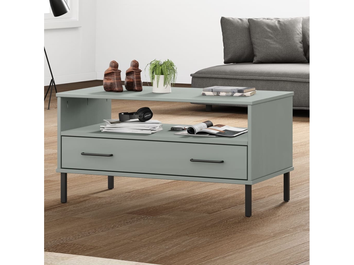 Vidaxl Mesa Centro Pernas De Metal 85x50x45 Madeira Maciça Oslo Cinza