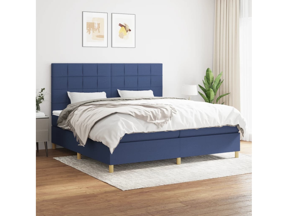 Cama Com Molas/colchão 200x200 Cm Tecido Azul
