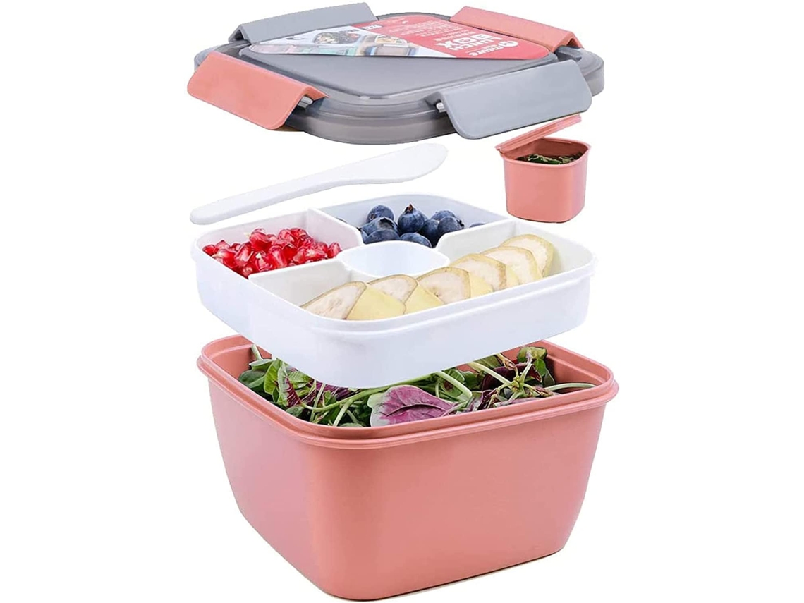 Recipiente Para Alimentos, 17,5 X 9,9 Cm, 3 Compartimentos, Cor Rosa, Adequada A Micro-ondas