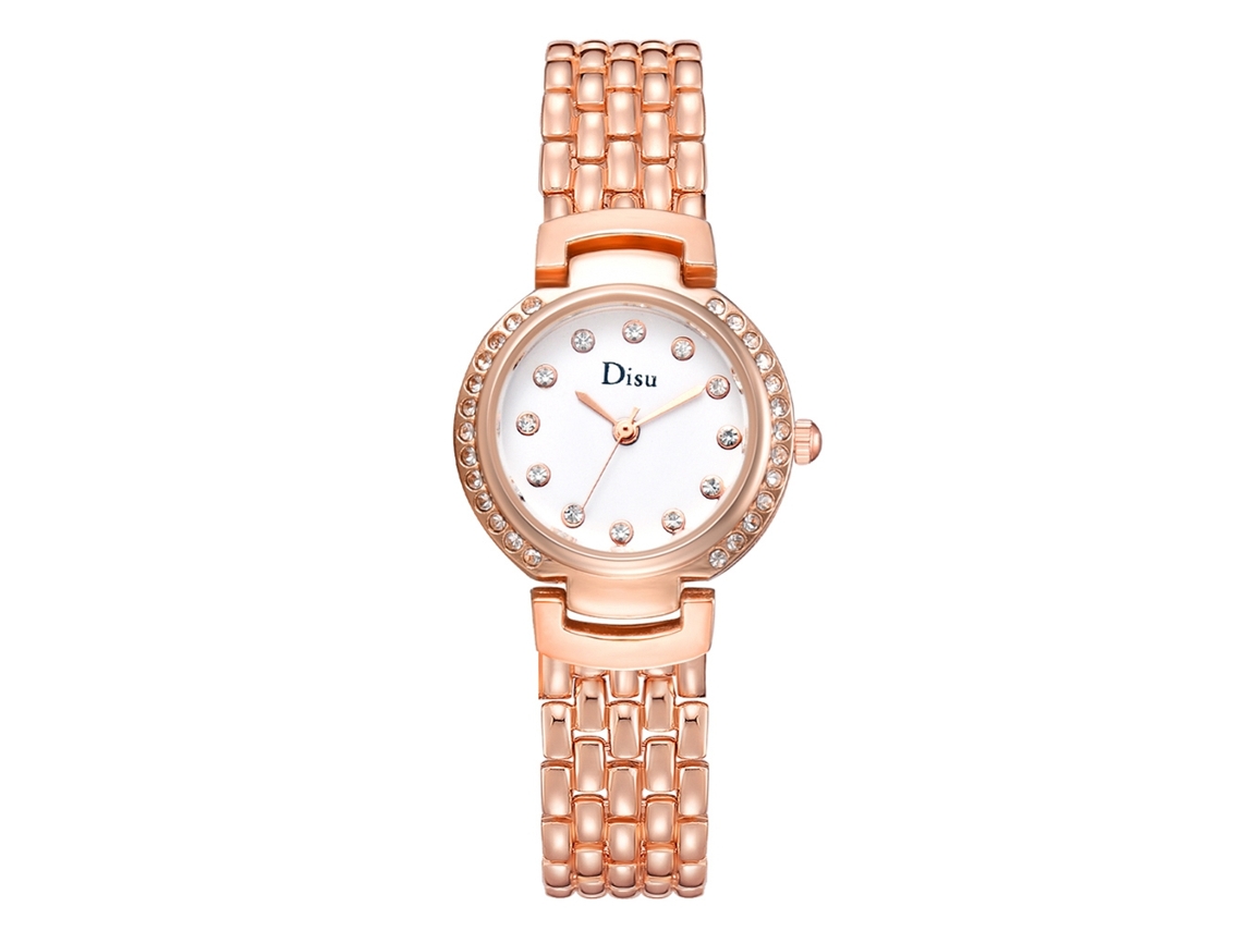 Relógio de Pulso Feminino de Quartzo com Pulseira de Liga Resistente e Estilo Simples Dourado Rosa+branco