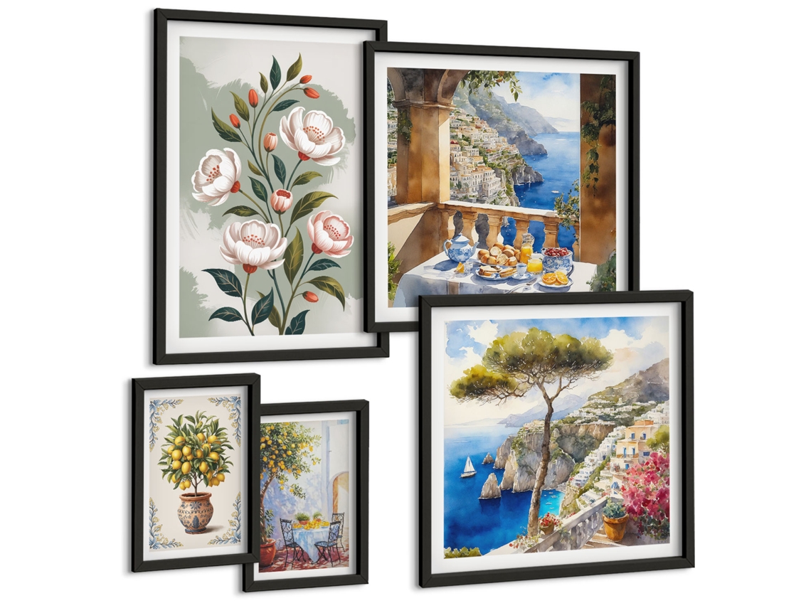 Composição De Quadros Na Parede Motivos De Plantas Em Bege E Marrom Moldura Preta Fotos Para O Escritório Espelharte (conjunto De 5 Imagens)