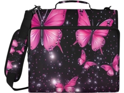Pasta Organizadora De 3-argolas Com Estampa Borboletas Rosa E Preta, Com Compartimento Laptop E Bolsos Resistentes