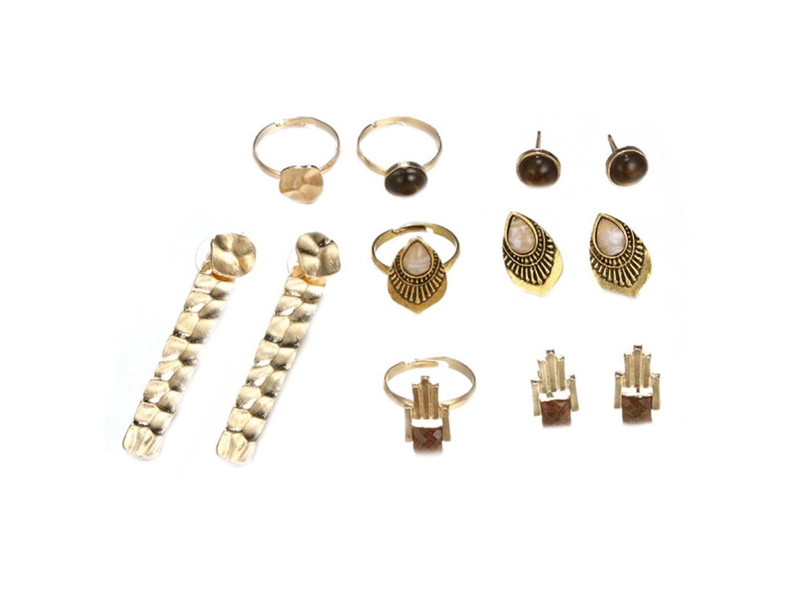 Conjunto De Aneis E Ouvidos Retrô Com Strass Longo