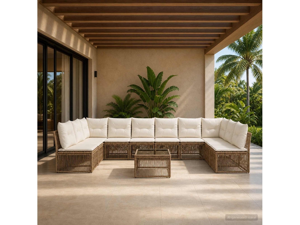 Vidaxl Conjunto De Sofá De Jardim 11 Unid. Bege Vime Pe