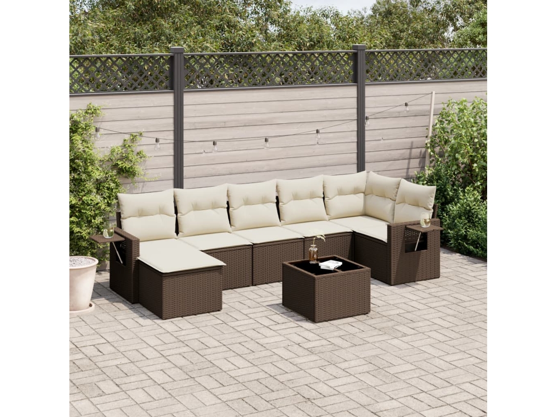 Vidaxl 8 Pcs Conjunto Sofás De Jardim C/ Almofadões Vime Pe Castanho