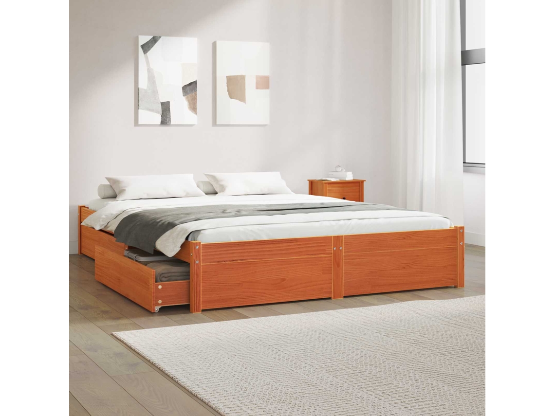 Vidaxl Estrutura Da Cama Com Gaveta Com Roda Marrom Cera 160 X 200 Cm