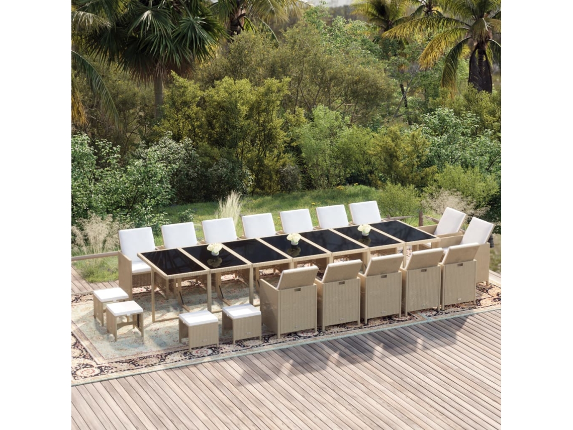 Vidaxl 19 Pcs Conjunto Jantar P/ Jardim C/ Almofadões Vime Pe Bege