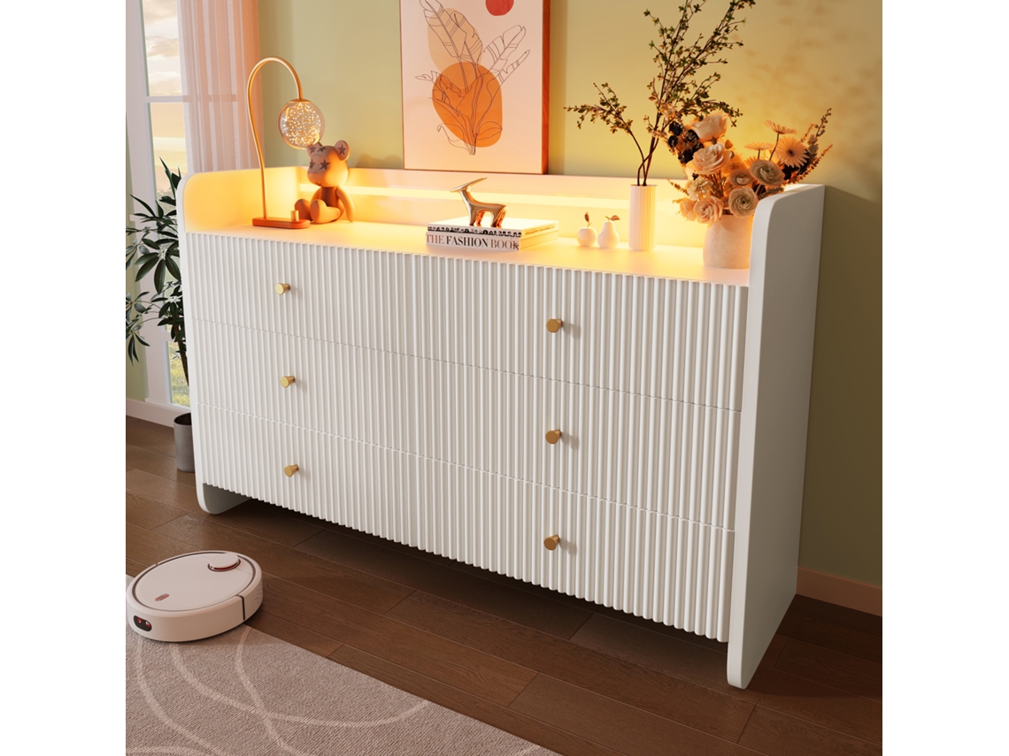 Aparador Com 6 Gavetas, Iluminação Led E Design Ondulado, Estilo Moderno, Ideal Para Sala De Estar E Quarto. Dimensões: 120x40x75cm.