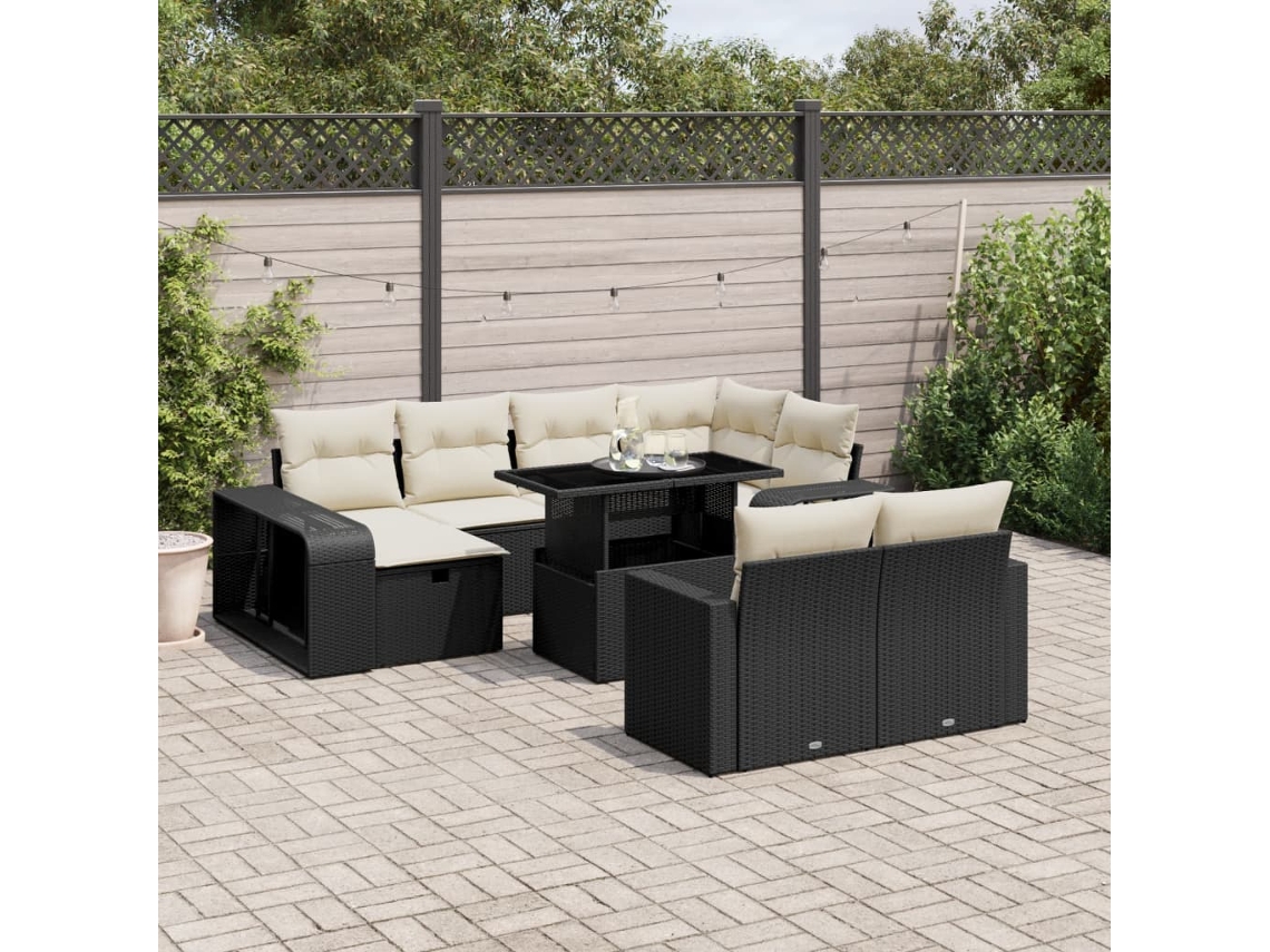 Vidaxl 11 Pcs Conjunto Sofás De Jardim C/ Almofadões Vime Pe Preto