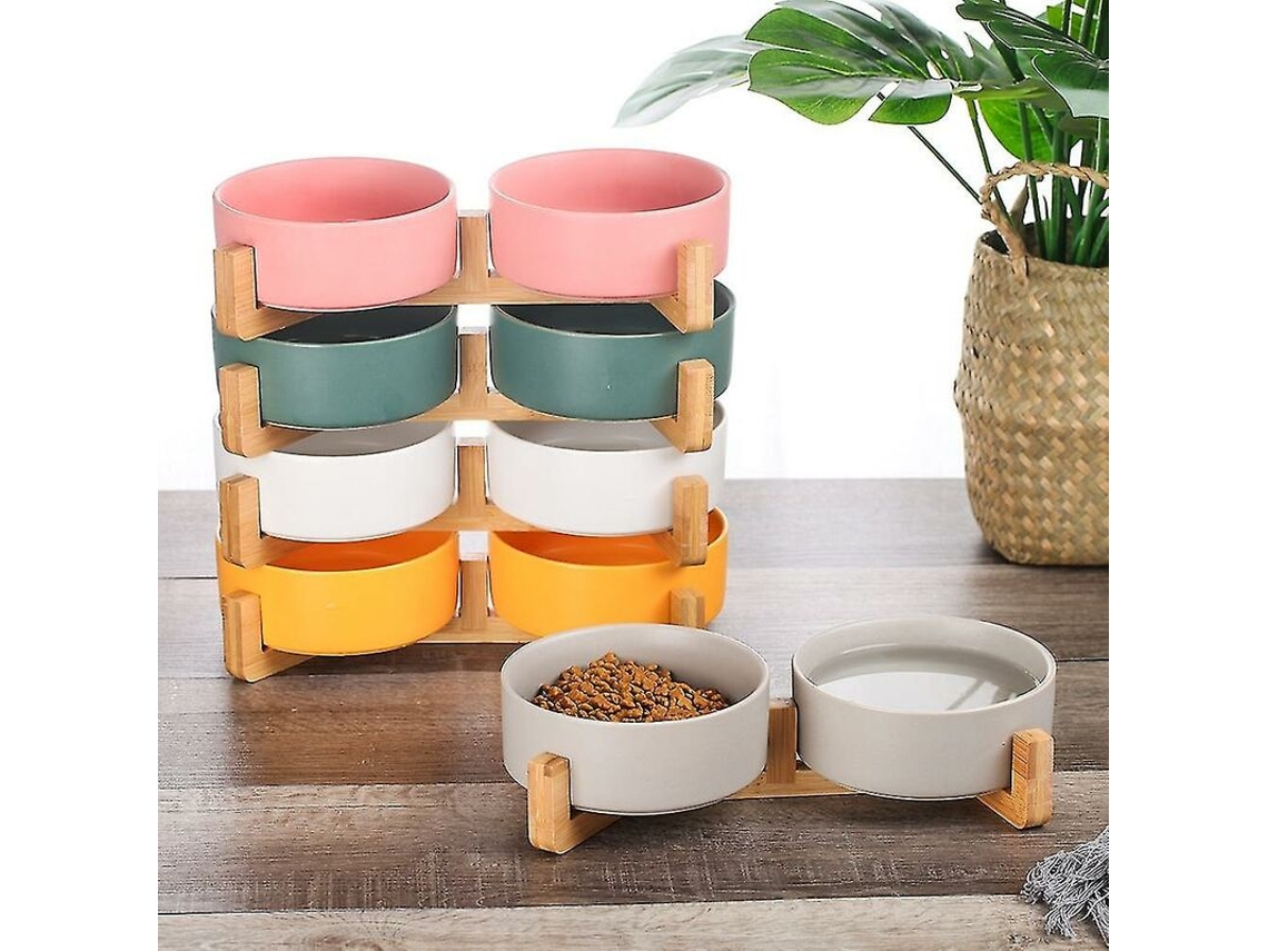 Tigela de Cerâmica para Cães e Gatos com Suporte de Madeira, Comedouro Anti derramamento para Gatos e Cães de Pequeno Porte AQUAFORGE
